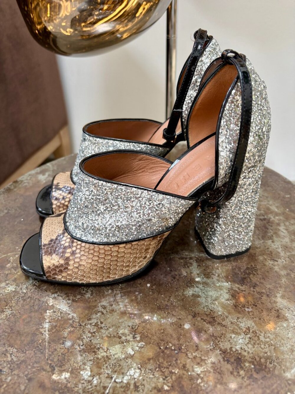 Marni Silver Glitter & Python Block Heel Sandals — EU 39 / US 9